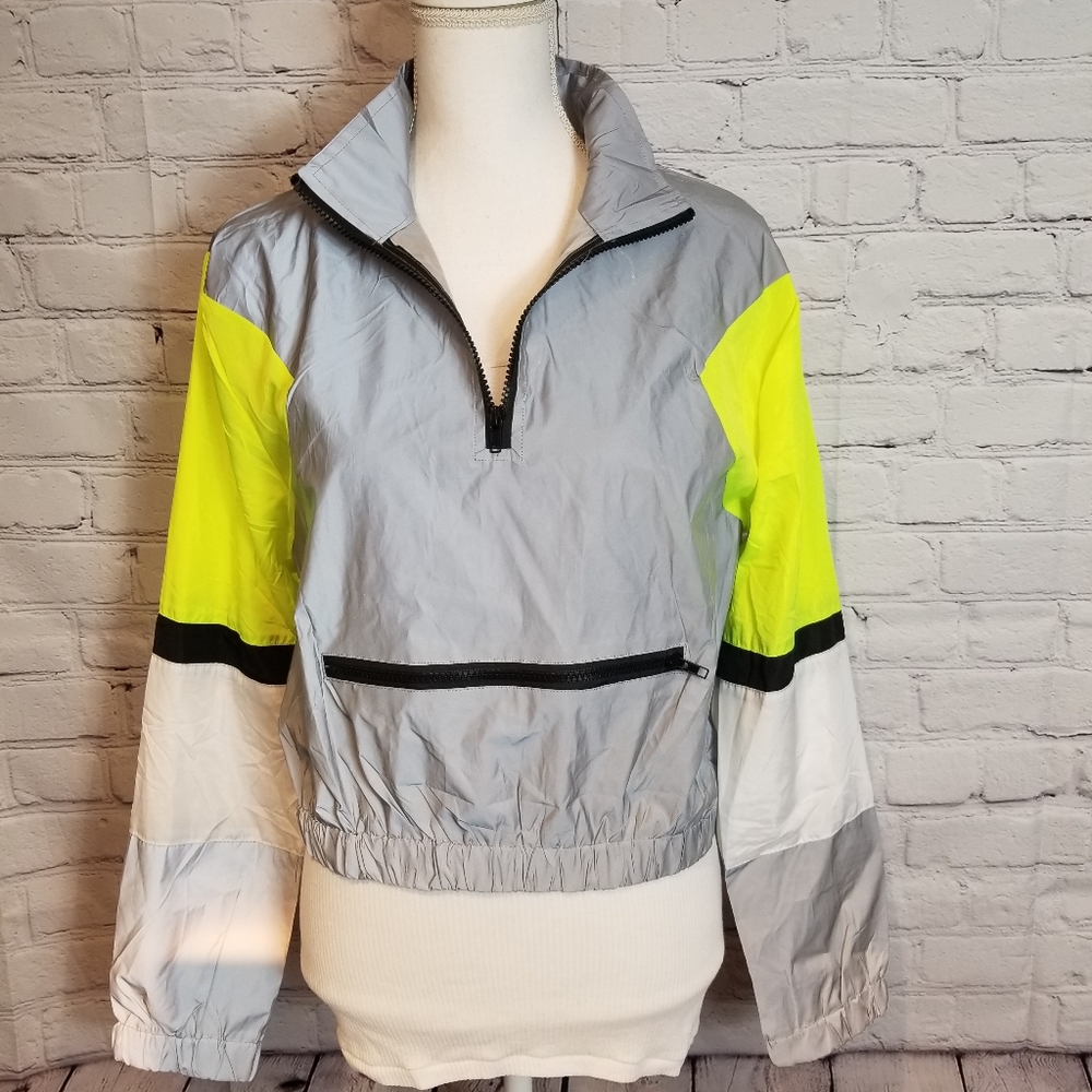 REVAMPED REFLECTIVE CROPPED WINDBREAKER NEON ZIP FRONT POCKET JACKET NWT SZ MED